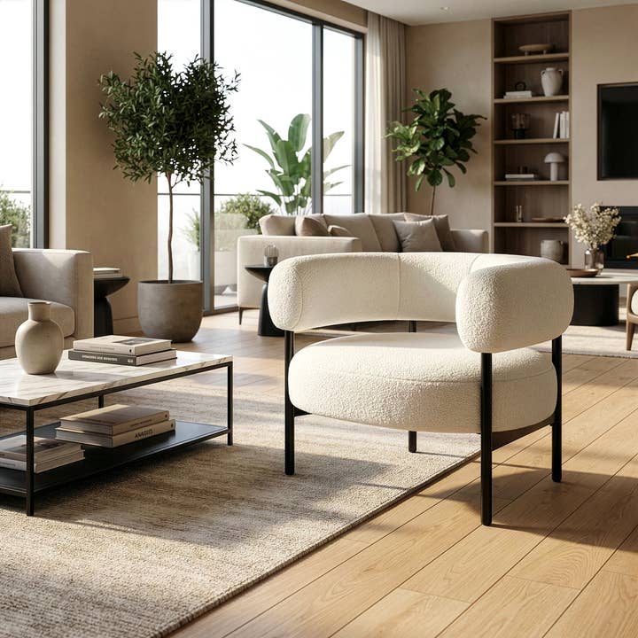 Glamour Home - Vente Chaises - Fauteuil d'appoint Ayuka en tissu bouclé blanc avec pieds en fer noir1