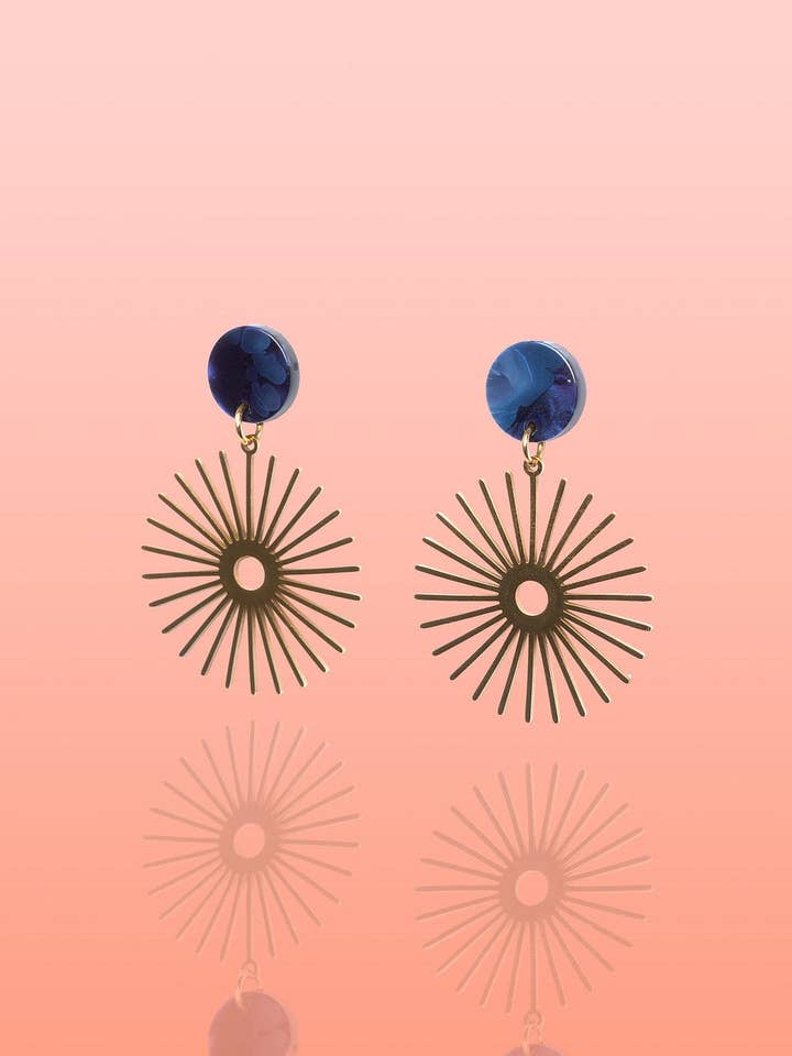 Solana Deep Blue Sunburst Earrings Water Resistant for wholesale by Tribe + Temple
