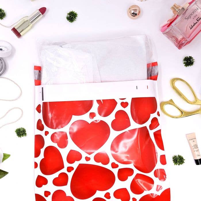 10x13 Red Hearts Poly Designer Mailers for wholesale by Eleven Fashion