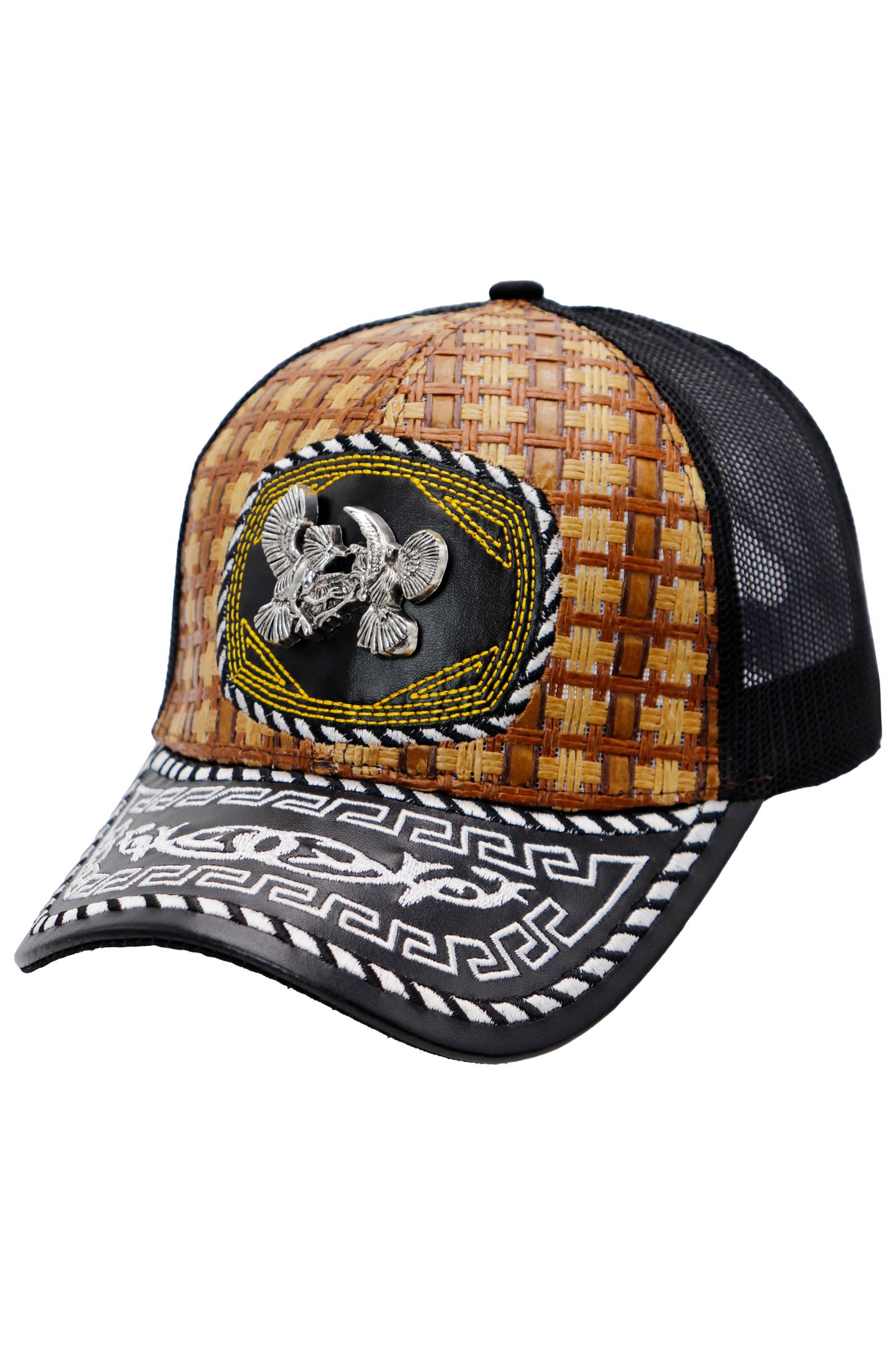Cap Zone - Wholesale Trucker Hat - Unisex - Silver Emblem Vegan Leather Straw Mesh Charro Cap14