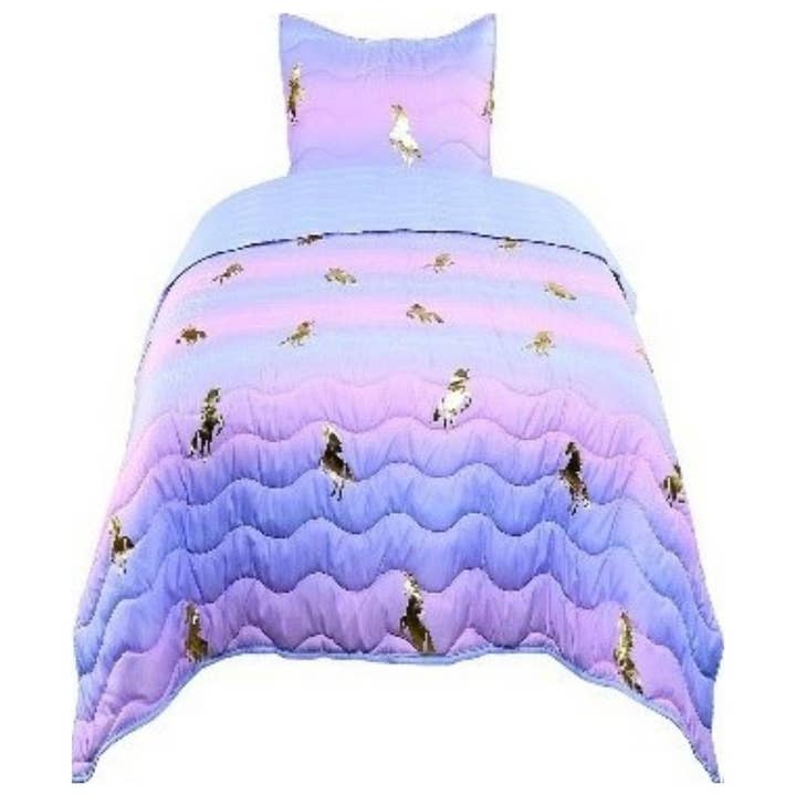 TADPOLES QUILT SET - METALLIC GOLD UNICORNS TWIN for wholesale by Jam'n Products