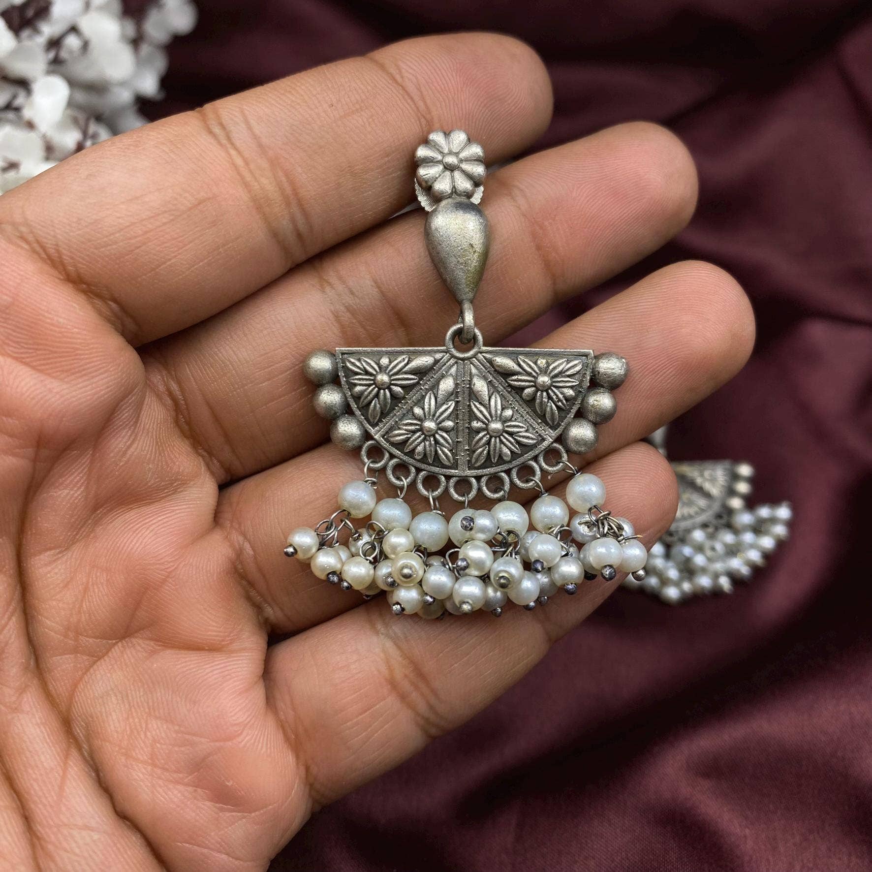 Quirky Fashions - Vente Parures de bijoux - Ensemble de boucles d'oreilles Jhumka en argent, œil protecteur, paon et perles4