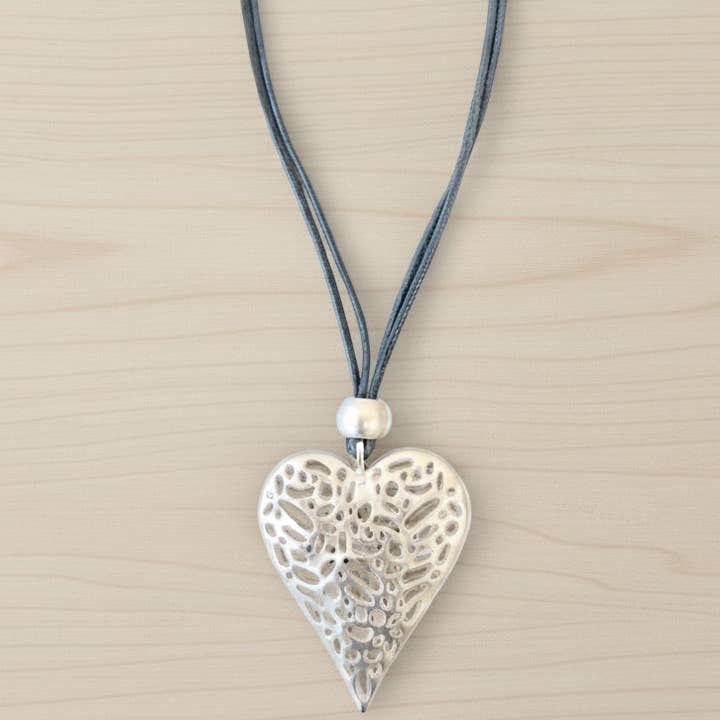 Long Heart Pendant Cord Necklace | Statement Jewelry | Boho for wholesale by Bijoux Envie Statement Jewelry