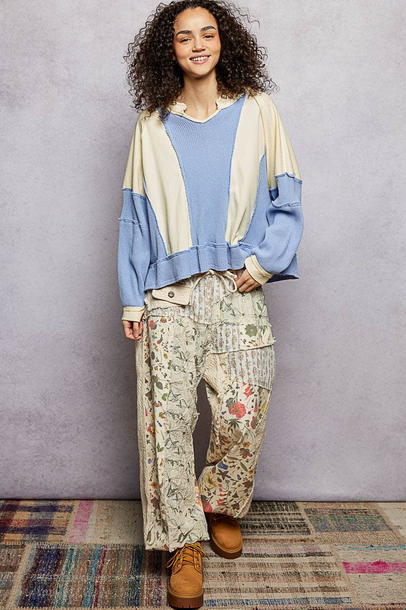 Pol Clothing - Wholesale Knit Top - Women's - Notched Neck Contrast Fabric Basic Long Sleeve Top SALE14