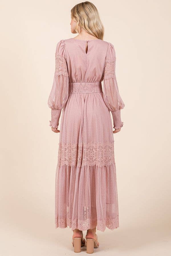 B I G H I T Fashion - Vendita all'ingrosso Vestito - Donna - Abito lungo maxi con maniche lunghe e dettagli in pizzo HD2384-BLUSH6