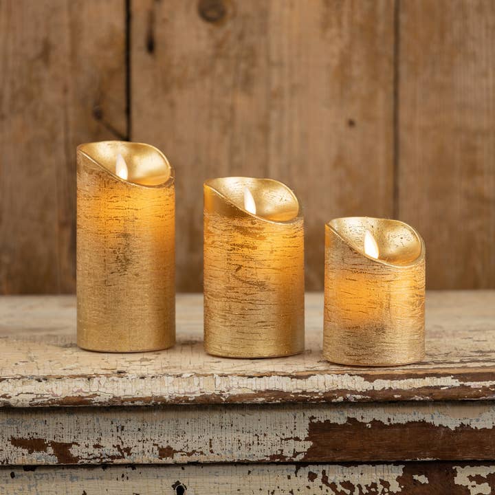 Ragon House - Wholesale Flameless candle - 4" MOVING FLAME GOLD PILLAR CANDLE4
