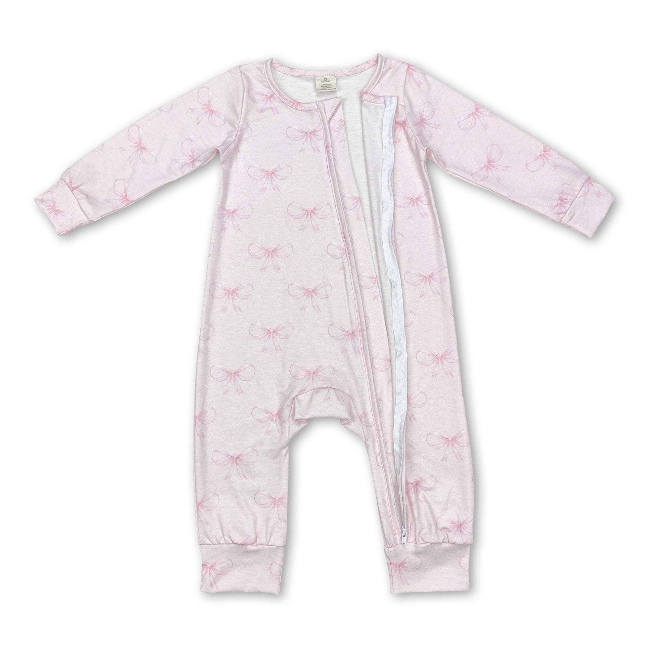 Yawoo Garments - Vente Grenouillère – bébé - Dormeuse zippée en bambou à manches longues et nœud rose pour bébé fille1