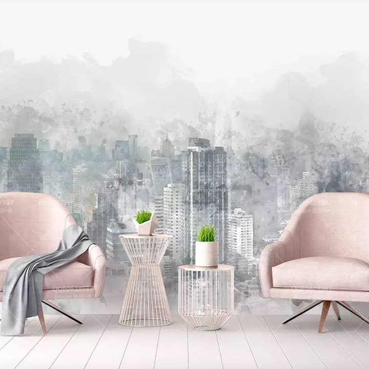 Watercolor Dark NYC Cityscape and Skyscrapers Wallpaper for wholesale by GK Home Decor