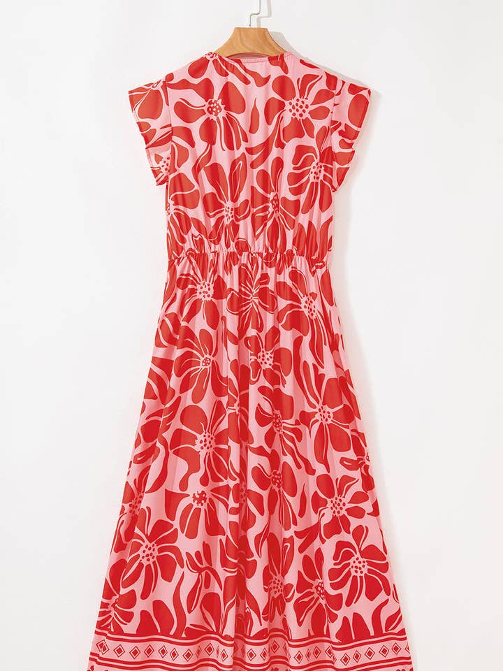 Red Boho Floral V Neck Buttoned Shirred Waist Dress for wholesale on Faire2