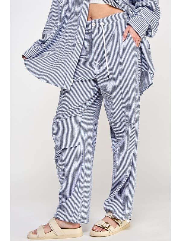 Navy White BLUE STRIPED SEERSUCKER PANTS for wholesale on Faire