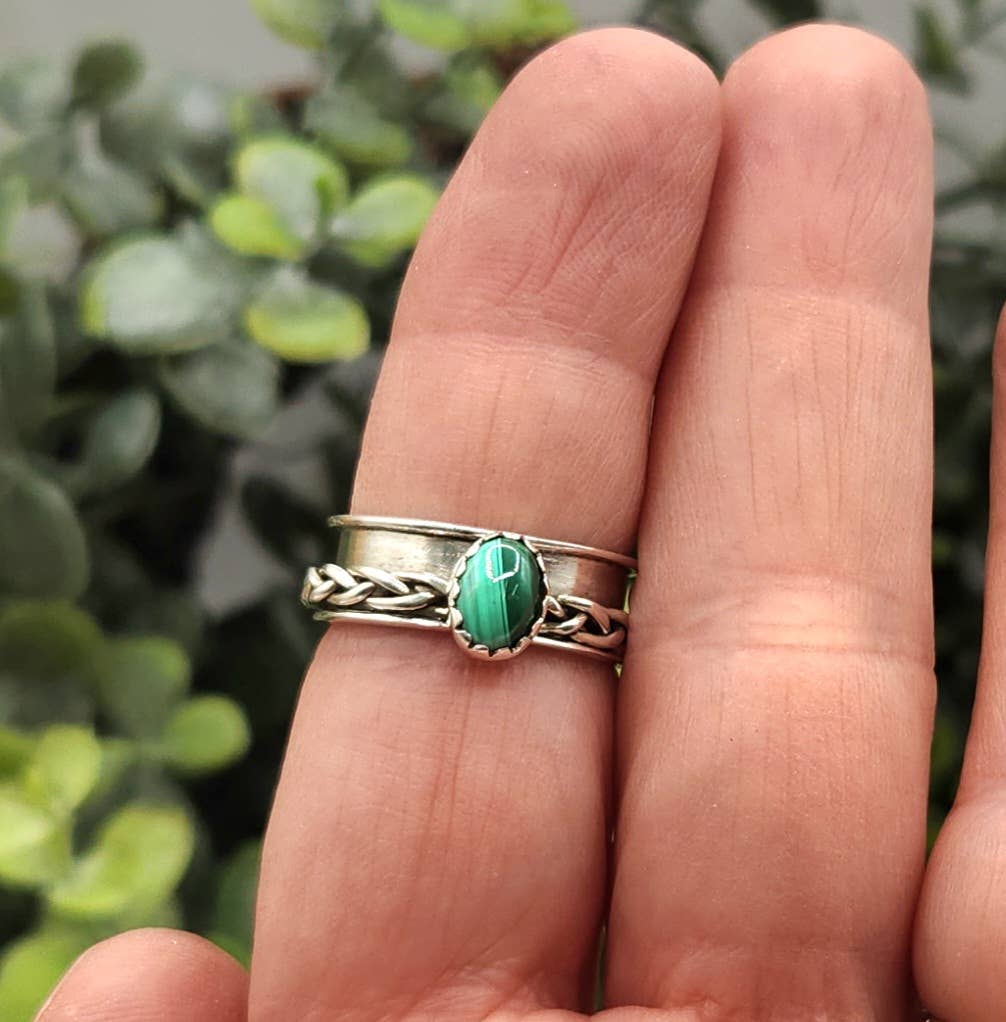 Meraki Gemstones - Wholesale Cocktail/Statement Ring - SPINNER RING-Sterling Silver/925-Malachite Gemstone w/Braid6
