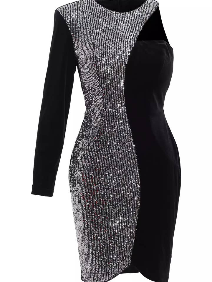 Robe courte en velours argenté à sequins avec une manche pour la vente par Noece