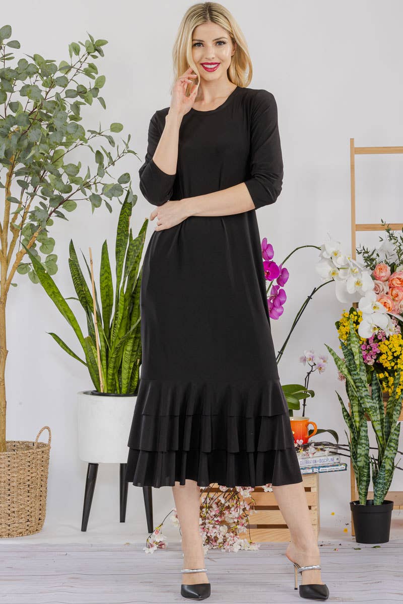 Celeste Clothing – Großhandel Kleid – Damen – Großgrößen-Midikleid mit gestuften Rüschen und 3/4-Ärmeln43