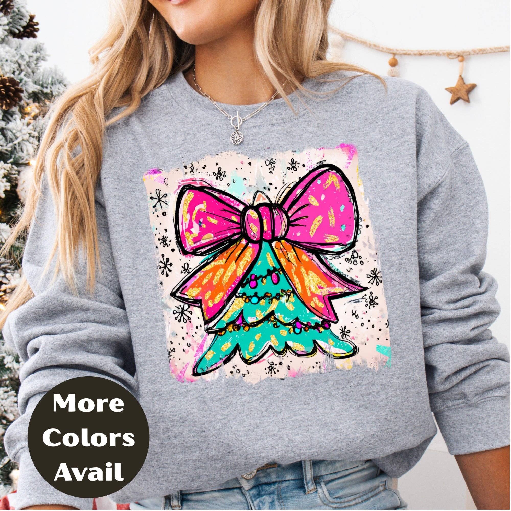 Epic Life  - Designed – wholesale Screen printed t-shirt – Women′s – Bright Bow Christmas Tree Shirt – Neon Holiday Tee S-4XL – Colorful Festive Christmas Top – Funky Tree Shirt – Multiple Colors5