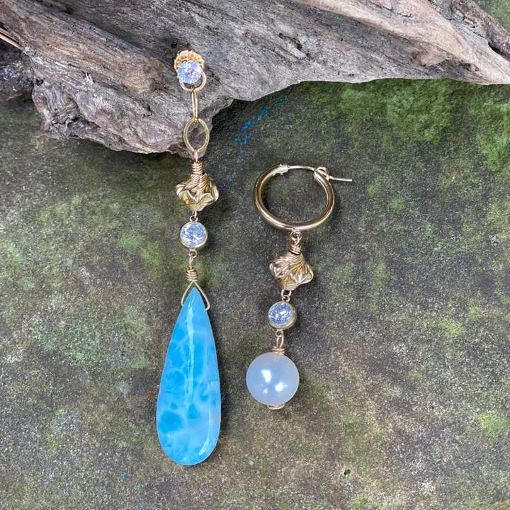 Larimar and Freshwater Pearl Mismatched Earrings for wholesale by Beshea Beshea