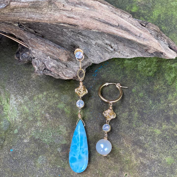 Larimar and Freshwater Pearl Mismatched Earrings for wholesale by Beshea Beshea