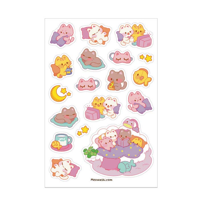 Bedtime Kitties Clear Sticker Sheet for wholesale by Meowashi Studio