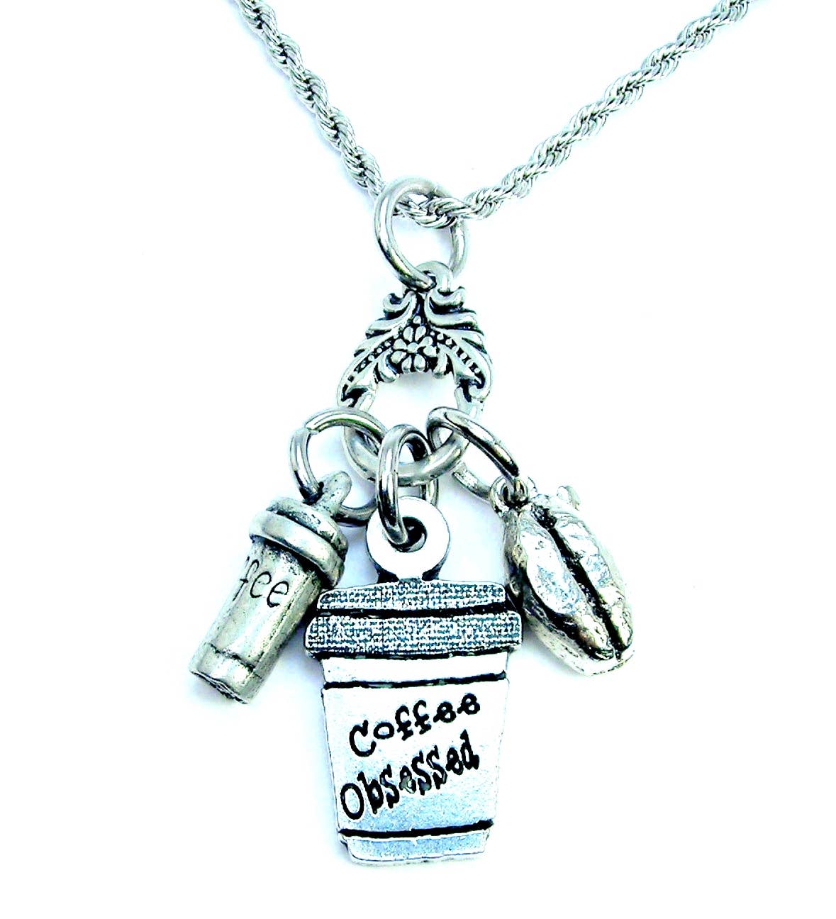 Chubby Chico Charms - Wholesale Pendant/Charm Necklace - Coffee Obsessed coffee bean and cup Charm Holder Necklace0