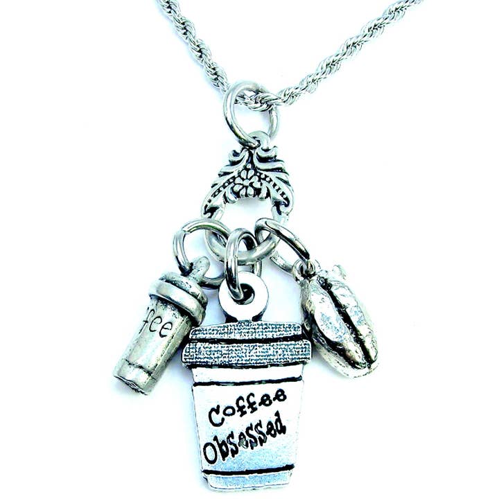 Chubby Chico Charms - Wholesale Pendant/Charm Necklace - Coffee Obsessed coffee bean and cup Charm Holder Necklace
