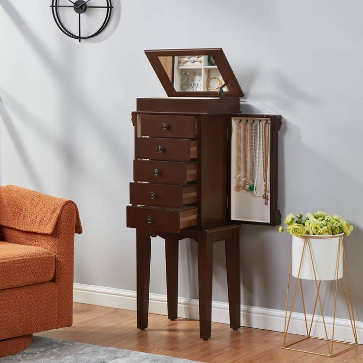39F Inc. - Vente Boîte/rangement à bijoux - Armoire à bijoux 5 tiroirs avec portes battantes et miroir rabattable