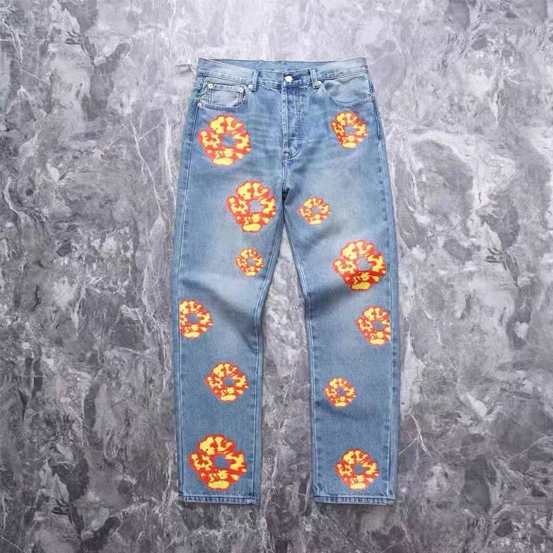 Tourtiwi - Wholesale Jeans - Men's - Flame Kapok Print Jeans Couples Unisex Trousers Straight0