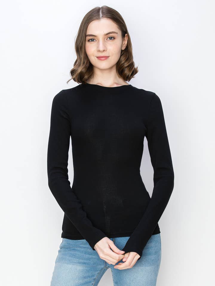 Color 5 - Wholesale T-shirt – women's - Solid color ribbed cotton spandex crew neck longt sleeve tee0