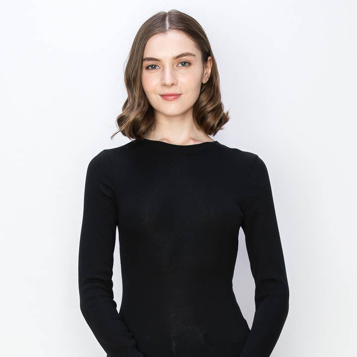 Solid color ribbed cotton spandex crew neck longt sleeve tee for wholesale by Color 5