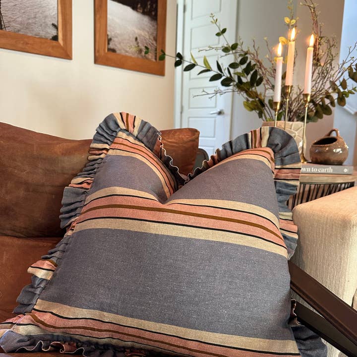 Rennah Collective - Wholesale Throw/Decorative Pillow - Foxy Blue Striped-Ruffle Pillow Cover4