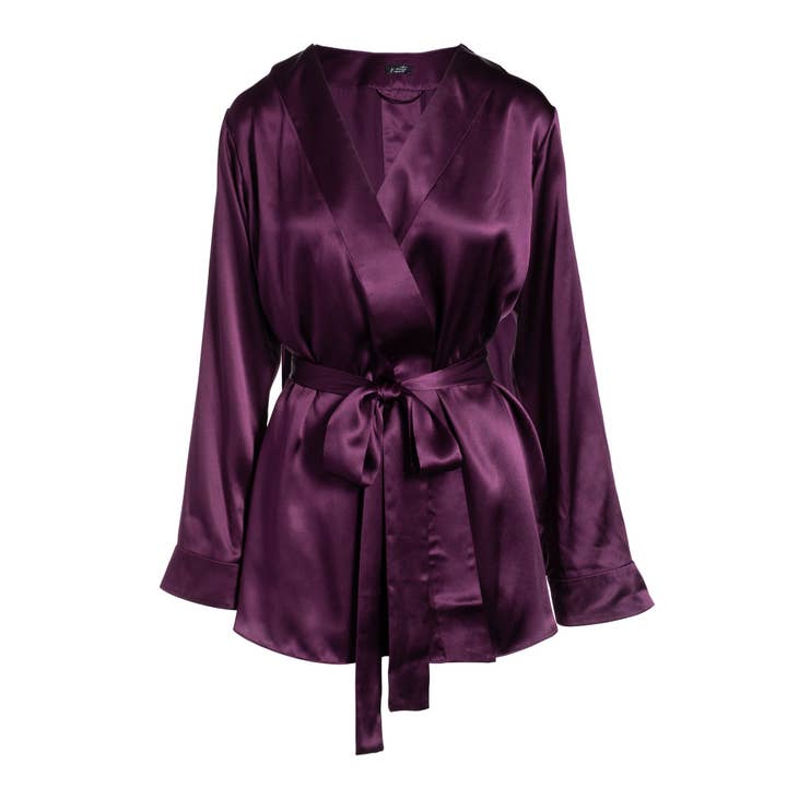 robe courte en soie Lola en aubergine pour la vente par je mérite, i deserve