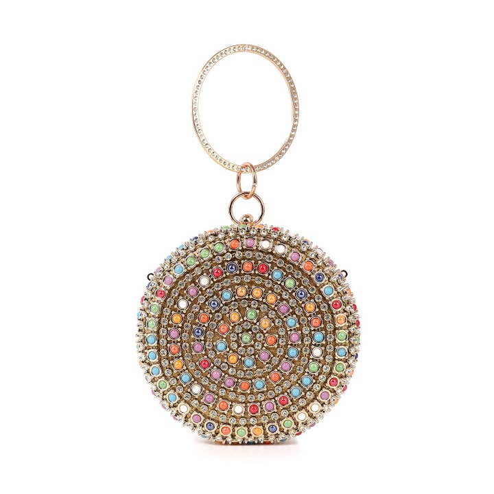 Circular Colorful Rhinestone Evening Bag for wholesale by Handbag Factory Corp