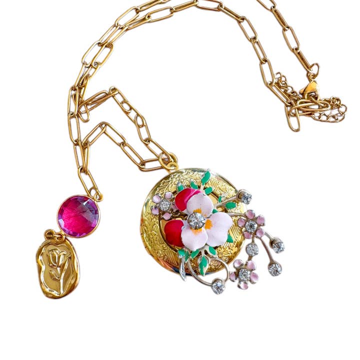 Jo Noelle - Wholesale Pendant/Charm Necklace - Floral Gold Locket and Gemstone handmade Necklace, OOAK