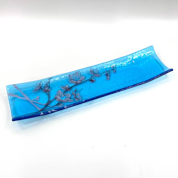 Cherry Blossom 17" Fused Glass Channel Platter for wholesale by Kiku Handmade | Contemporary Fused Glass Home Goods