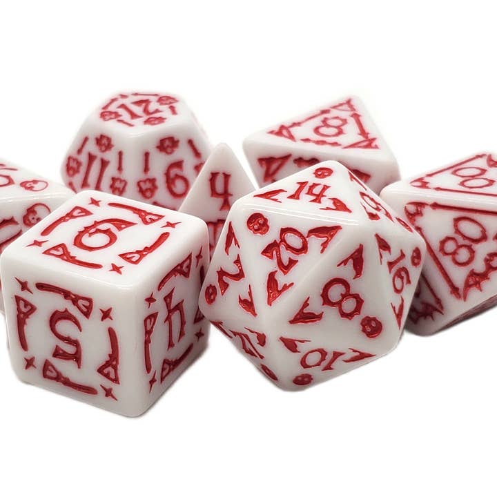 DnD RPG Dice Set: Rune Dice - All Hallows Eve - White w/ Red for wholesale by Old School Dice