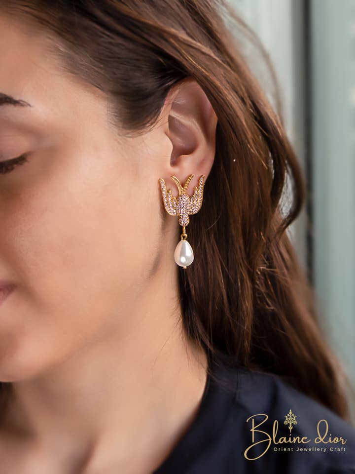 Bird Earrings with Pearl Stone and Zirconia for wholesale by BlaineDor