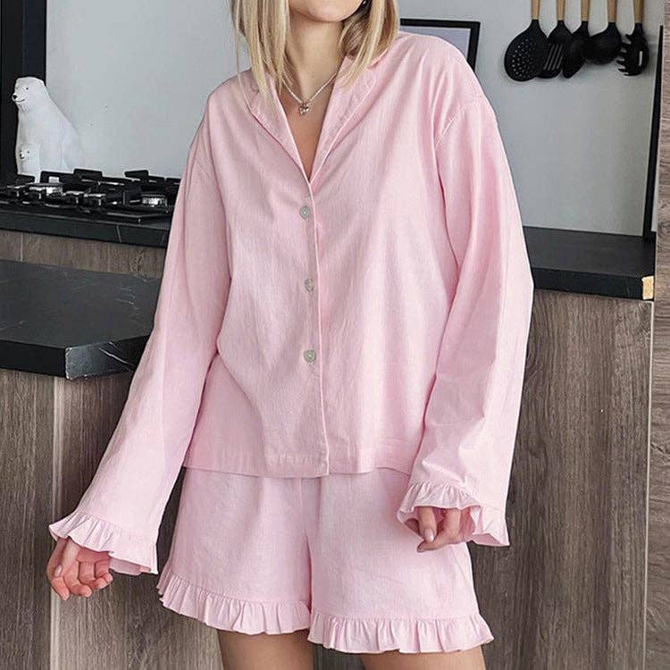 pink Baumwoll-Pyjama-Set mit Spitzenbesatz Damen Pink N5A366 für den Großhandel auf Faire5