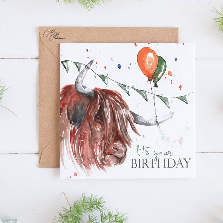 Highland Cow Birthday Card for wholesale by Meg Hawkins Art