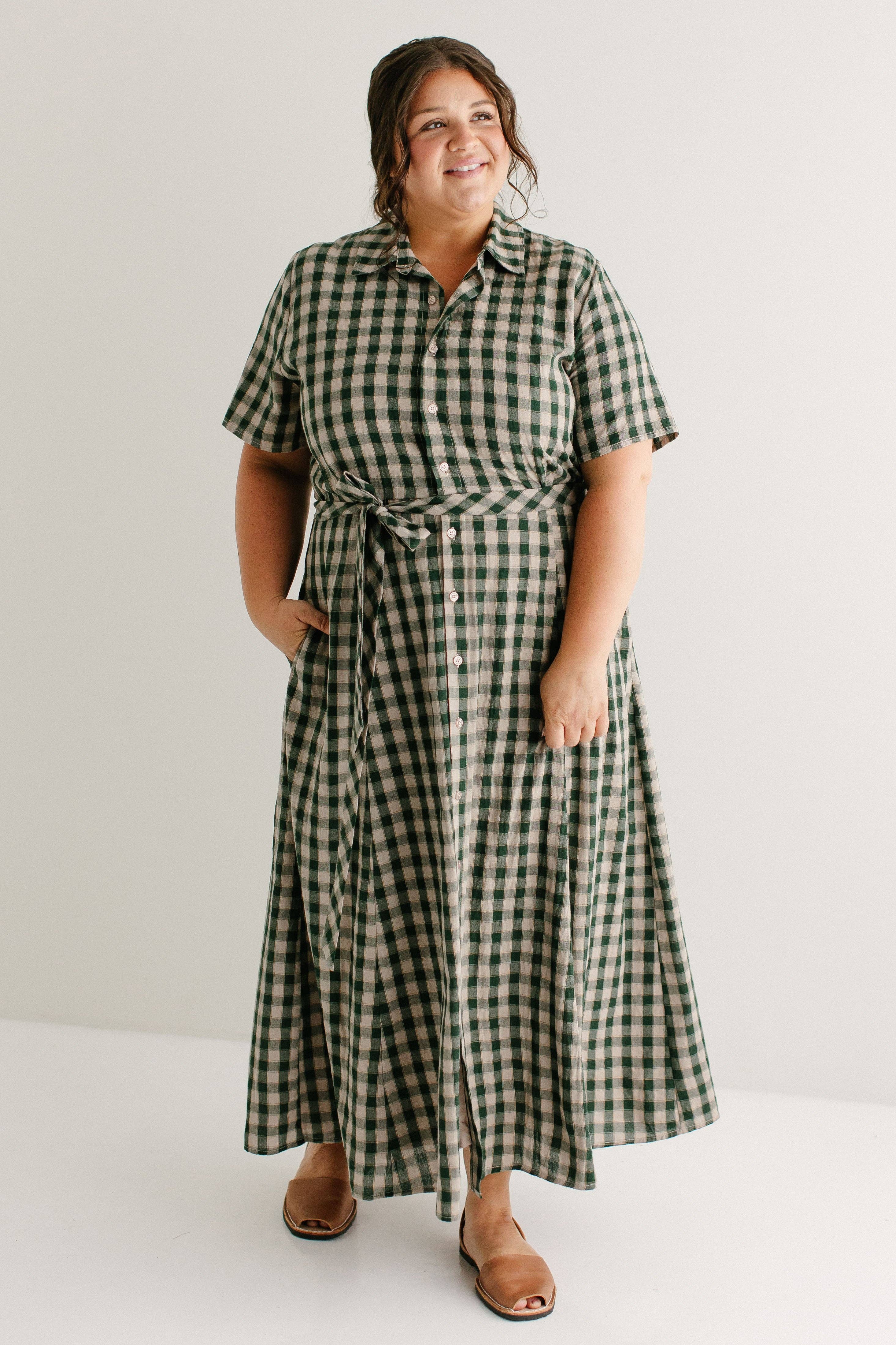 Light Tan 'Mae' Green Gingham A-Line Cotton Shirtdress FINAL SALE for wholesale on Faire10