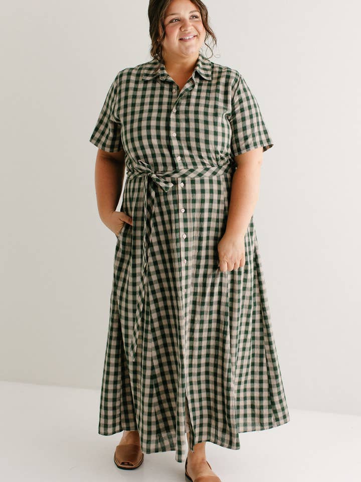 Light Tan 'Mae' Green Gingham A-Line Cotton Shirtdress FINAL SALE for wholesale on Faire10