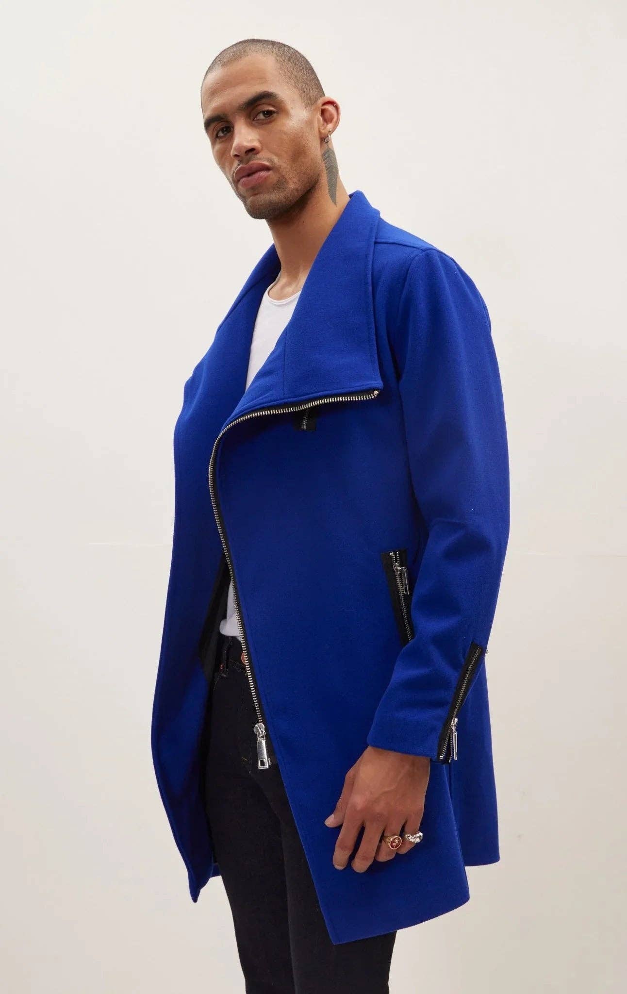 Men's Asymmetrical Zipper Closure Coat - Sax for wholesale on Faire1