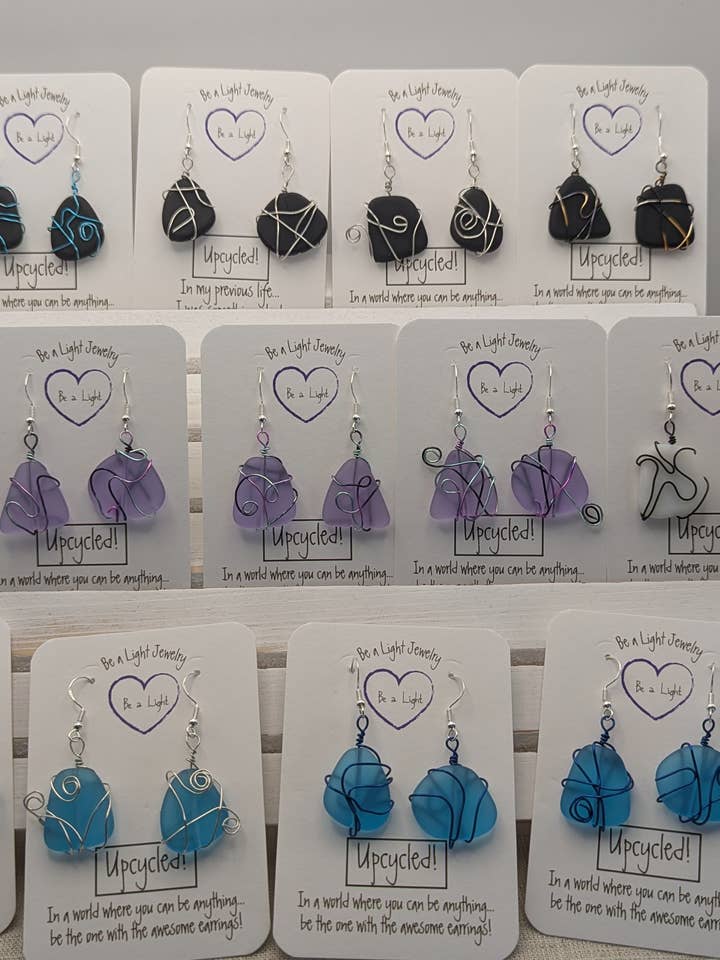 Wire-wrapped cultured sea glass earrings, each pair unique for wholesale by Be a Light Jewelry