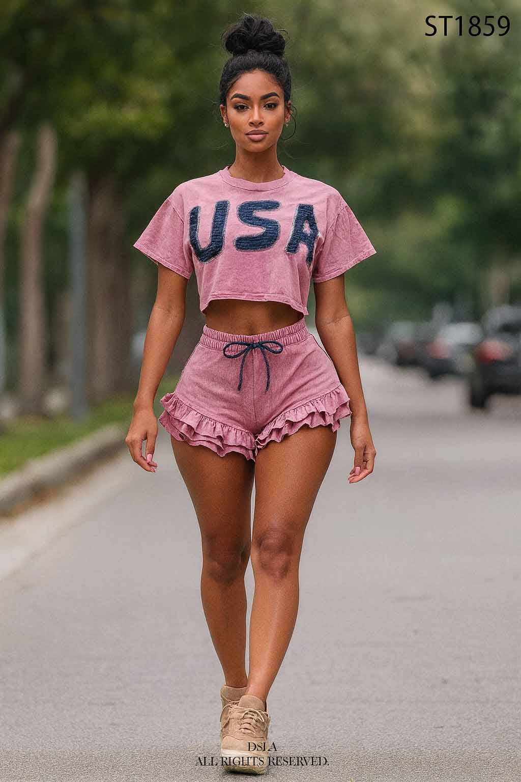 Ultra Pink MINERAL WASH DENIM PATCH TOP & RUFFLED SHORT SET for wholesale on Faire0