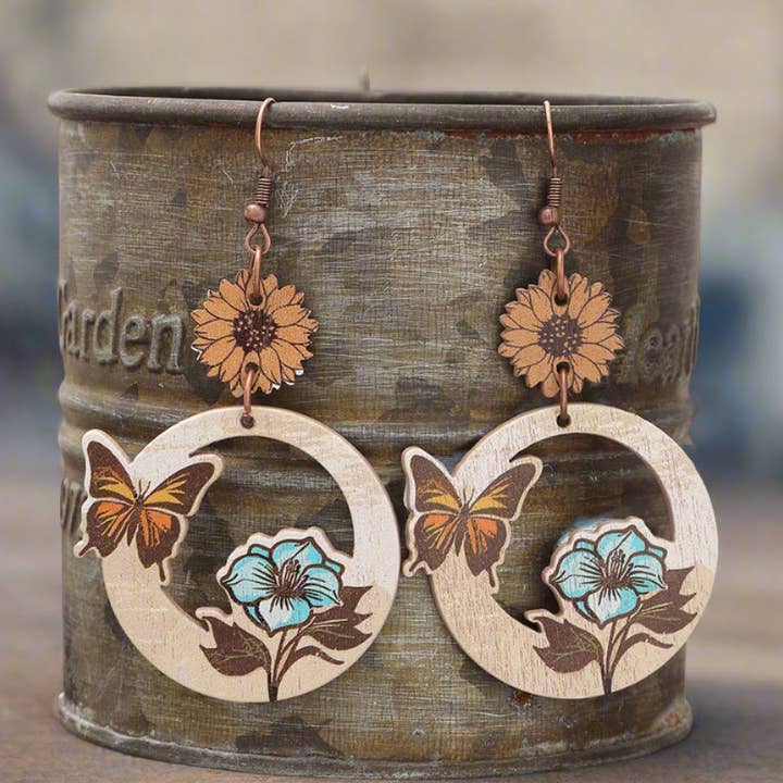 Western Style Butterfly Bee Flower Pattern Wooden Earrings for wholesale by WoodWristCo