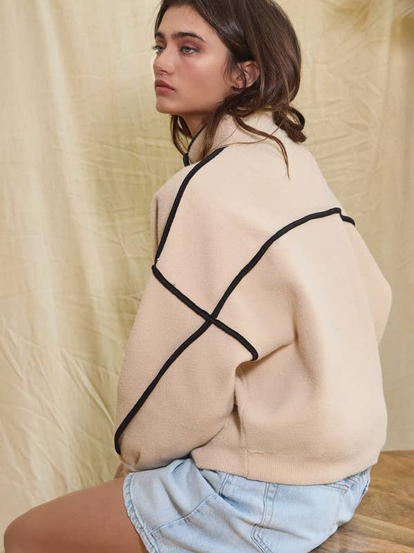 Taupe Black IJ3132 Super Soft Pluffy Jacket With Contrast Piping for wholesale on Faire