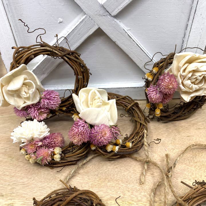 Sunsum Intentional Living - Wholesale Ornament - Mini Grapevine Wreath Ornaments with Dried Flowers, 3”