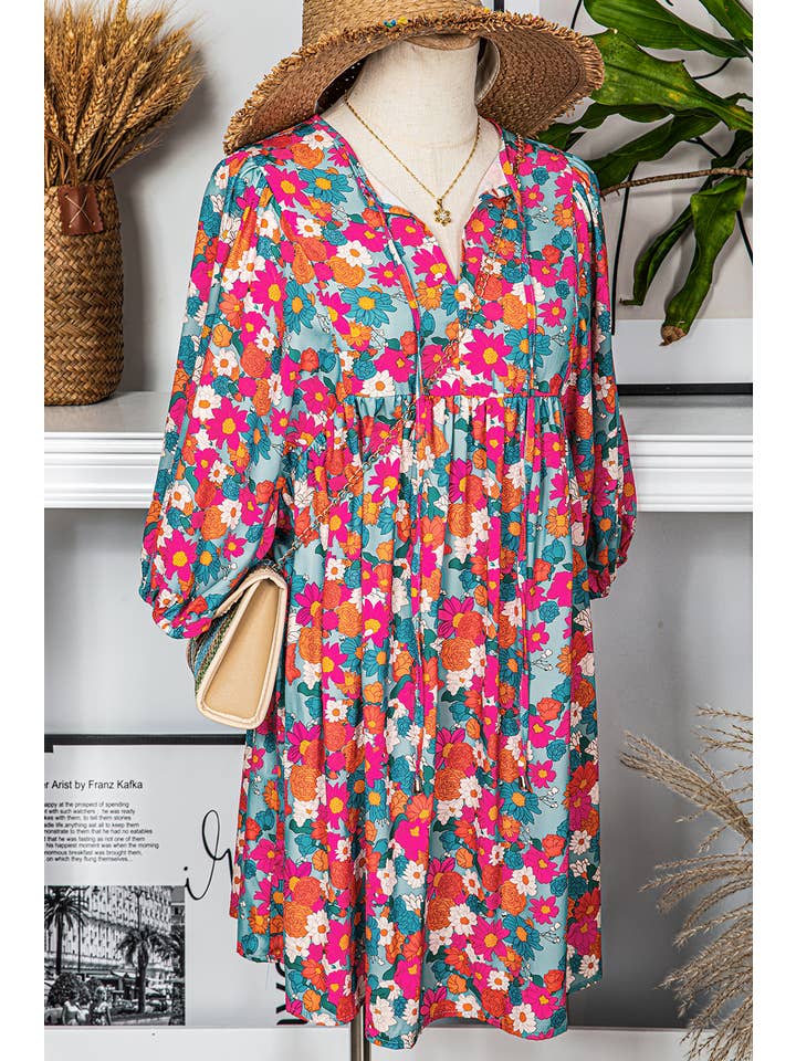 Blue Fashion-W Floral Tie Split Neck Bubble Sleeve Babydoll Dress for wholesale on Faire