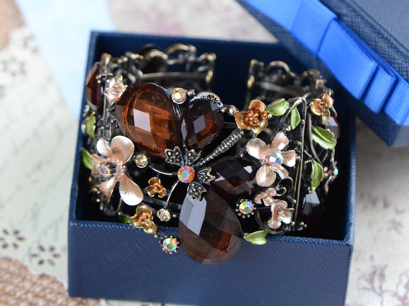 AK Brand - Wholesale Cuff Bracelet - Gold Floral Topaz Butterfly Dragonfly Cuff Bangle Bracelet1