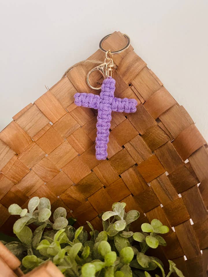 Crochet Cross Keychain for wholesale by Scents & Shenanigans Co