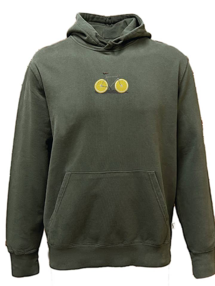 Felpa con cappuccio color kaki ricamata da bicicletta da uomo per la vendita all'ingrosso da parte di Alse Studio