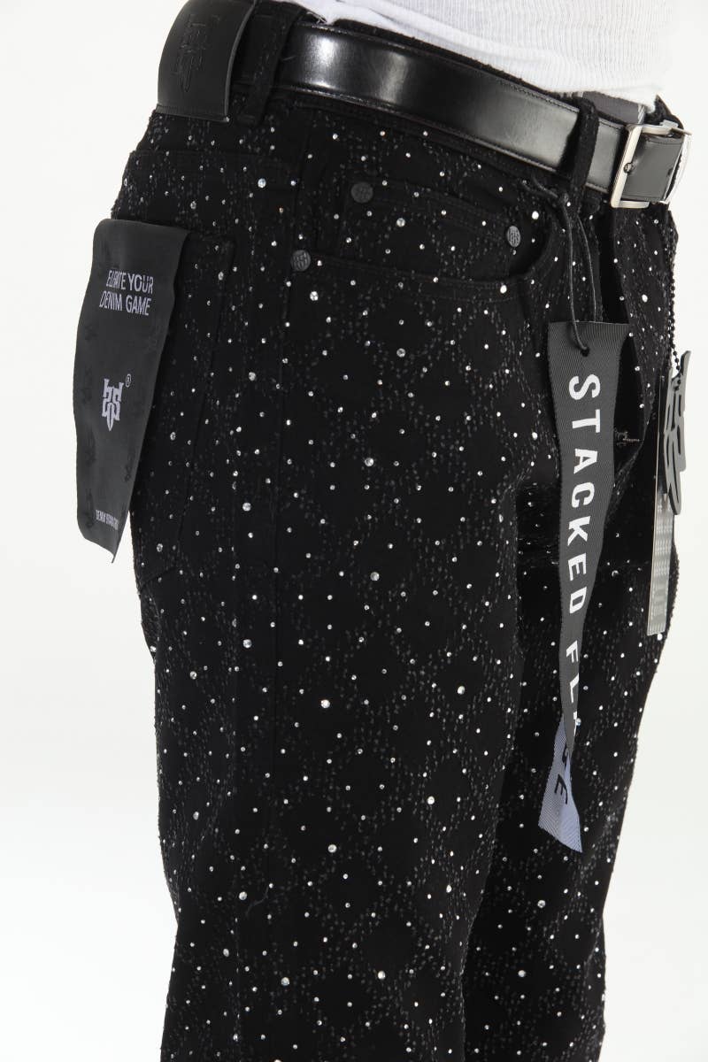 Stylo - Wholesale Jeans - Men's - Black Rhinestone Covered Stacked Flare16