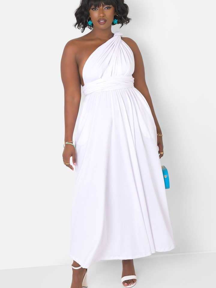 White Dreamy Sleeveless V Neck Multiway Skater Maxi Dress W. Pockets for wholesale on Faire7